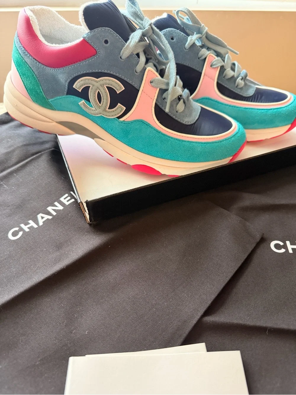 CHANEL Turquoise, Navy & Pink Suede Leather CC Logo Sneakers